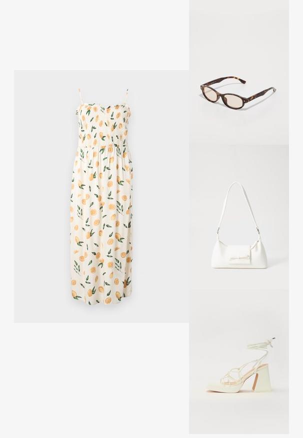 Maxi kleit, millel on smockitud rinnaosa, spagetitrassid ja kreemjas taust, millel on apelsiniviilude ja roheliste lehtede muster.; Valged kõrge kontsaga sandaalid, millel on paks konts ja rihmadega disain koos pahkluu sidumisega. Sile tekstuur ja platvorm ees, et lisada kõrgust.; Kilpkonnakilbi prillid, millel on ümmargune kuju ja heledad läätsed. Omab tugevaid varsi, millel on väikesed kuldsed aktsendid, valmistatud plastmaterjalist.; Valge sünteetilisest materjalist kott kolmnurkse kujuga, lame esiklapiga ja kaaredetailiga, reguleeritava rihmaga, sileda tekstuuriga ja minimalistliku disainiga.