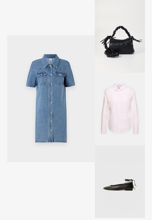 Šviesiai mėlyna džinsinė suknelė, trumpomis rankovėmis, mygtukų užsegimu, dviem krūtinės kišenėmis ir šiek tiek A formos siluetu. Minkšta tekstūra su kontrastingomis siūlėmis.; Šviesiai rožinė ilgom rankovėm marškiniai su užsegamu apykakle, turintys tiesią apatinę kraštinę ir minkštą tekstūrą, pagaminti iš lengvo medvilnės audinio.; Juodi odiniai balerinų bateliai su smailiu pirštu, kulkšnies raiščiu ir plokščiu padu, pasižymintys lygiu paviršiumi ir minimalizmo dizainu.; Juodas dirbtinės odos rankinė su krokodilo tekstūra, sušnibždinta viršuje ir susikraipytu dirželiu. Atrodo minkšta ir kompaktiška.