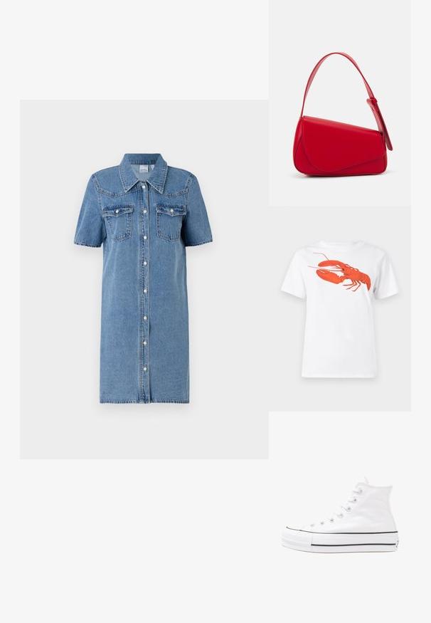 Vestido camisola de ganga em azul claro, com mangas curtas, fecho de botões, dois bolsos no peito e uma ligeira forma em A. Textura macia com costura em contraste.; Camiseta de algodão branca com um grande gráfico de lagosta vermelha brilhante na frente. Mangas curtas e design de gola redonda padrão.; Sapatilha alta de tela branca com sola de borracha preta, bico de borracha na frente e seis ilhós para os atacadores, apresentando um design limpo e minimalista.; Bolsa de mão em couro vermelho com um design angular e geométrico. Apresenta uma única alça ajustável e um fecho com aba, com detalhes cosidos.