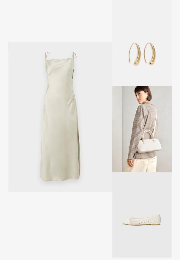 Satin slip kleita gaisā bēžā krāsā, ar regulējamām plecu siksnām, taisnu dekoltē un sānu šķirtni ērtības un kustības nodrošināšanai.; Krēmsādas apavi ar pointēto pirkstu un caurspīdīgu augšdaļu, apkaisa ar izkaisītiem rhinestones. Mīksta zole ērta valkāšanai, minimālisma dizains.; Balta strukturēta roku soma ar īsām rokturiem un plecu siksnu, ar zelta aparatūras akcentiem un strukturētu materiālu, izstādīta uz pelēka fona.; Zelta toņu metāla gredzena auskari ar izliektu, pagarinātu formu. Ar gludu, spīdīgu virsma un noapaļotu galu papildu detaļām.