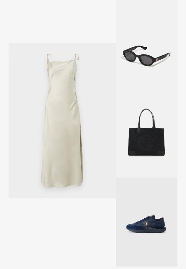 Satiinihame vaaleassa beessissä, jossa on säädettävät olkaimet, suora kaula-aukko ja sivureikä mukavuutta ja liikkuvuutta varten.; Tummansiniset urheilujalkineet, joissa on mokka- ja verkkokankaita, muovipohja, nauhakiristys ja kultainen logoelementti.; Mustat soikeat aurinkolasit tummilla linsseillä ja kiiltävästä muovista valmistetulla kehällä. Varustettu kullanvärisellä logolla temppeleissä, tarjoten tyylikkään ja modernin muotoilun.; Mustan kangaskassi, jossa on selkeä kohokuvioitu ympyrälogo. Sileä pinta ja kontrastiväriset nahkaosiot.