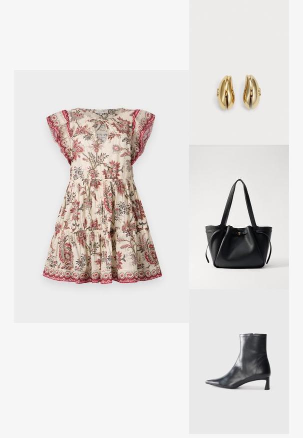 Floral print dress in cream, featuring short flutter sleeves, gathered waist, and contrasting red accents at the neckline and hemline.; Black leather ankle boot with a pointed toe and a sleek design. Features a low heel and a zipper closure at the back. Smooth texture.; Black leather tote bag with two long straps, a cinched top, and a gold circular accent. Smooth texture with a minimalist design.; Gold-tone earrings with a flowing, curved design. Each earring features a smooth surface and a small clasp with a decorative detail.