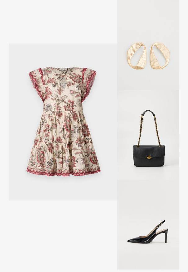 Bloemdrukjurk in crèmekleur, met korte vlindermouwen, een geraffineerde taille en contrasterende rode accenten bij de halslijn en zoom.; Zwarte gepatineerde leren slingback pump met een puntige neus, slanke hak en een subtiel uitgesneden ontwerp. Bevat een gouden gesp op de band.; Zwarte leren handtas met een opvouwbare flap, gouden kettingriem en logo hardware details aan de voorkant. Glad textuur.; Een paar onregelmatig ovale, gouden metalen oorbellen met een gestructureerd, lichtgehamerd oppervlak op een witte achtergrond.