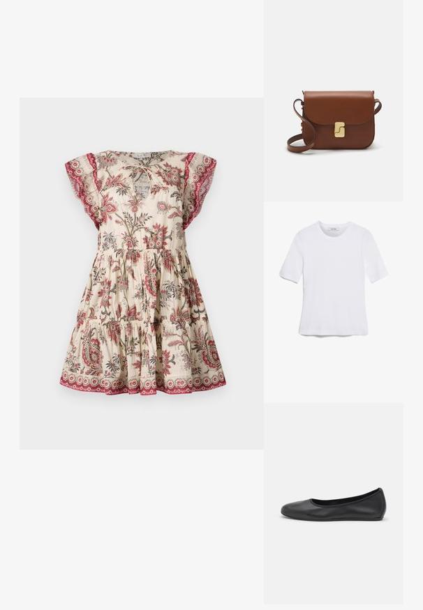 Blumendruckkleid in Creme, mit kurzen Flügelärmeln, gerafftem Tailleneinsatz und kontrastierenden roten Akzenten am Ausschnitt und Saum.; Weißes kurzärmliges T-Shirt aus geripptem Stoff. Runder Halsausschnitt, normale Passform und dezente Nähte. Keine Muster oder Grafiken.; Schwarze Leder-Ballettschuhe mit abgerundeter Spitze, glatter Textur, minimalen Nähdetails und einem flexiblen Sohlen-Design.; Braune Ledertasche mit Klappenverschluss, Beschlägen in Goldfarbe, einem Schultergurt und einer glatten Oberfläche. Kompakte rechteckige Form.