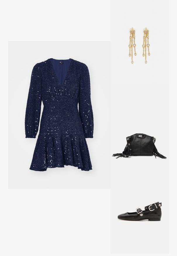 Merenkobaltista kimaltelevaa mekkoa, jossa on syvä V-pääntie, pitkät puffihihat ja levenevä helma. Mekossa on teksturoitu kangas, jossa on hohtavia yksityiskohtia.; Musta patenttinahkainen tasapohjainen kenkä suoralla varvastyöllä, nilkkahihna hopeisilla yksityiskohdilla ja tasainen pohja. Sileä pinta ja minimalistinen muotoilu.; Maje MISS MINI - Olkalaukku - noir; Kultaketjua roikkuvat korvakorut, joissa on useita putoavia ketjuja, ja selkeitä ovaaleja rhinestone-akselteja sekä koristeelliset niittitoppaukset.