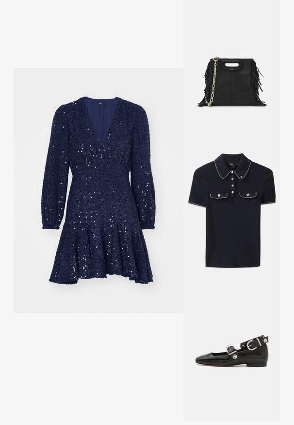Robe en sequins bleu marine avec un décolleté en V profond, des manches bouffantes longues et un ourlet évasé. Présente un tissu texturé avec des détails scintillants partout.; Polo shirt côtelé bleu marine avec un col pointu, des manches courtes et deux poches avant avec des boutons-pression ; souligné par des accents de couture blanche.; Ballerine en cuir verni noir avec un bout carré, sangle de cheville avec des détails en métal argenté et semelle plate. Texture lisse avec un design minimaliste.; Sac à main en cuir noir avec des détails en franges, chaîne dorée pour l'épaule et une poignée découpée. Présente le logo sur le devant.