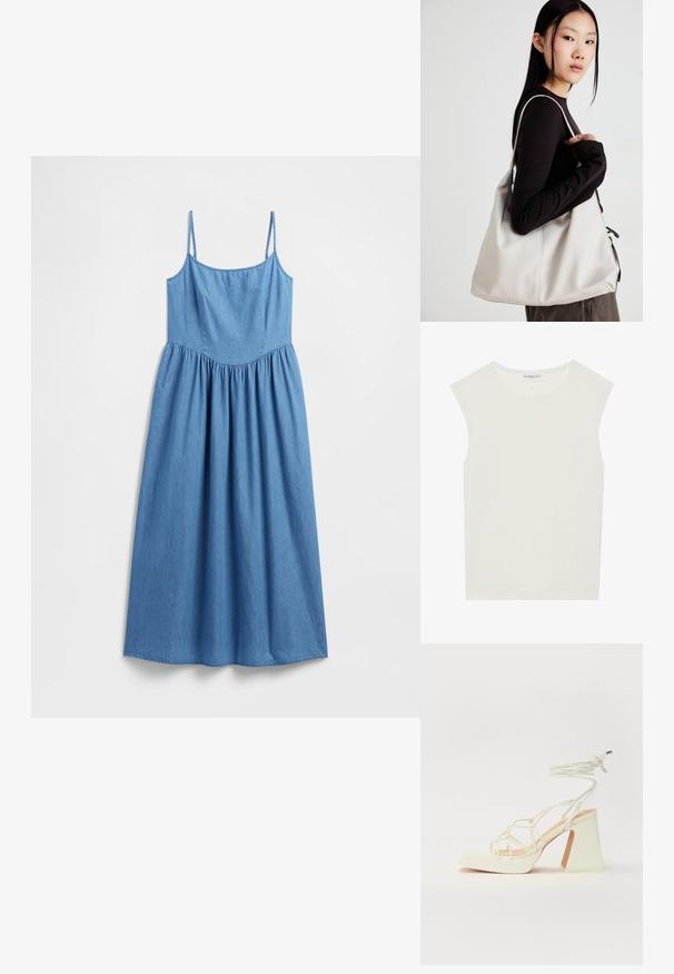 Traper haljina s tankim naramenicama, A-kroja, s naboranim strukom, u jednobojnoj svijetloplavoj boji i s mekanom teksturom.; Bijela majica bez rukava s okruglim izrezom. Izrađena je od glatkog materijala, nudi opušteni kroj i minimalistički dizajn. Bez uzoraka ili ukrasa.; Bijela sandala na visokoj potpetici s debelim petom, s remenom i vezanjem oko gležnja. Glatka tekstura s platformom sprijeda za dodatnu visinu.; Bežna torba od mekog materijala s opuštenim dizajnom, šivanim detaljima i dva remena za rame. Pogodna za svakodnevnu upotrebu.