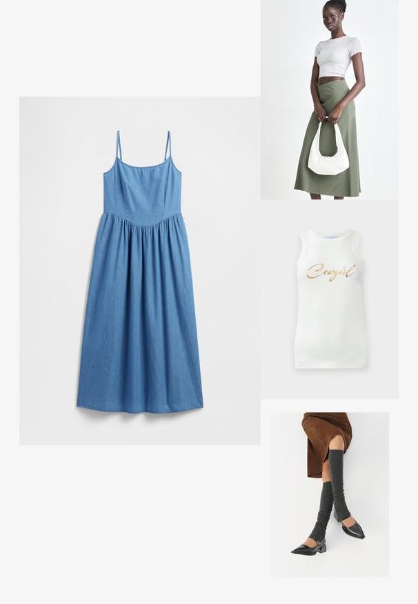 Džinsinė suknelė su plonais petnešėliais, A formos siluetu ir surinkta liemeniu, įmonę šviesiai mėlynos spalvos ir minkštos tekstūros.; Balta bebraukta liemenė su auksine metaline užrašu "Cowgirl" per krūtinę, pateikta ant vientisos fono.; Juodi lakuoti odiniai batai su aštriu kuma ir bloko kulnu, derinami su pilkais riebiais kojų šildytuvais ir rudais zomšiniais sijonais.; Pilka juostuota trumpa palaidinė ir alyvuogių žalios spalvos aukšto liemens sijonas. Modelis laiko baltą petį krepšį su išpjovomis. Paprastas dizainas, prigludusi siluetas.