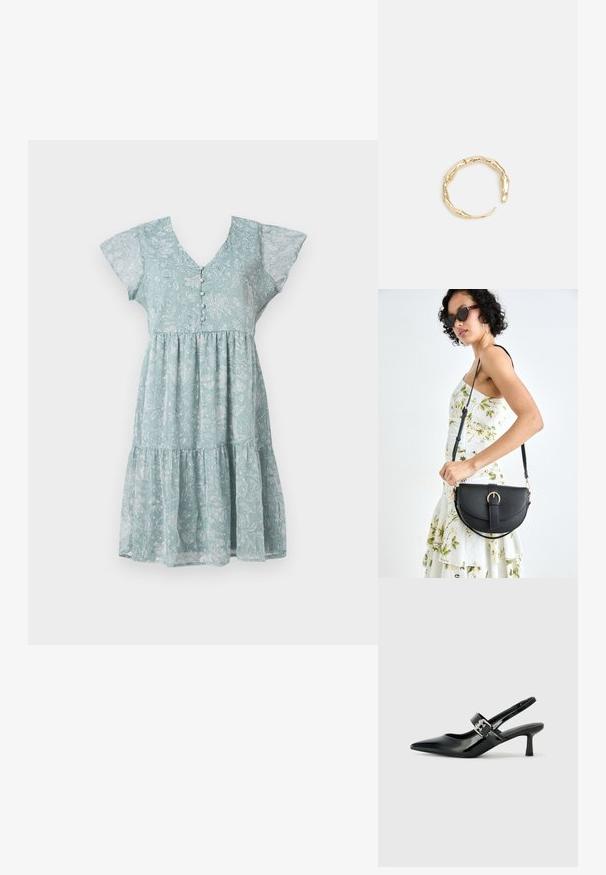 Svetloplava cvjetna haljina od lagane tkanine, s V-izrezom, kratkim lepršavim rukavima, detaljima s gumbima i slojevitom suknjom.; Crne lakirane slingback potpetice s oštrim prstom i malom blok petom, s naglaskom na srebrnoj kopči na remenu.; Crna kožna torba s lukovitim oblikom, odvojivim remenom i zlatnim detaljima. Torba ima preklop s kopčom.; Prsten u zlatnoj nijansi s organskim, uvijenim dizajnom, glatkom teksturom i suženim krajevima, koji stvara moderan, skulpturalni izgled.