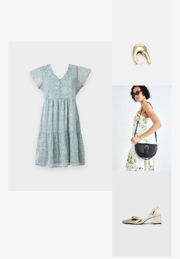 Svetlomodré kvetinové šaty vyrobené z ľahkého materiálu, s výstrihom do V, krátkymi rozstrapkanými rukávmi, gombíkovými detailmi a vrstvenou sukňou.; Zlaté kovové lodičky na podpätku so špicatou špičkou a robustným podpätkom. Hladký povrch, minimalistický dizajn a úzka remienok.; Čierna kožená kabelka s zaobleným tvarom, odnímateľným popruhom a zlatými doplnkami. Kabelka má klopu s detailom s prackou.; Náušnice z kovu v zlatej farbe s elegantným, zakriveným dizajnom. Majú charakteristický špicatý tvar, leštený povrch a uzáver na pánt.
