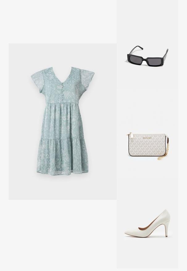 Gaiši zils ziedu kleita, izgatavota no viegla auduma, ar V veida kaklu, īsām plīvurojošām piedurknēm, pogu detaļām un slāņotu svārku.; Balti lakoti ādas augstpapēžu kurpes ar smailu purngalu un gludu virsmu, ar plānu papēdi un zemu griezumu ap atveri.; Melni saulesbrilles ar taisnstūra rāmjiem, tumšiem stikliem un gludu, spīdīgu apdari. Rāmjiem ir plānas kājas ar izsmalcinātu zīmolu uz sāniem.; Michaela Korsa rokassomi bez̦ā īšojuma, kas izgatavota no apklāta kanvas, iekļaujot atkārtotu MK logotipa rakstu, zelta aparatūru un noņemamu ķēdes siksnu.; Zelta metāla auskari ar viļņveida dizainu; gluda, atstarojoša virsma; asimetrisks formas; nav redzamu rakstu vai piederumu.