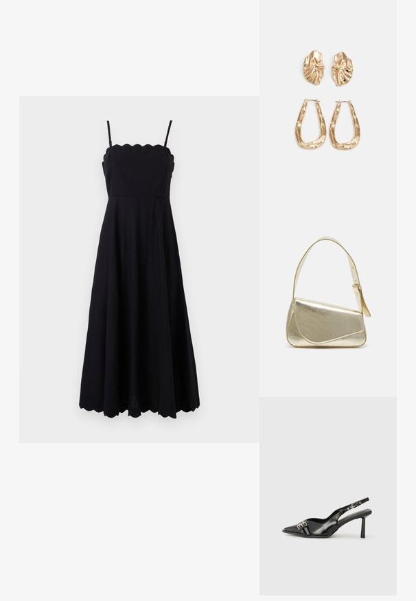 Crna haljina bez rukava s izrezom u obliku valova, prilagođenim tijelom i suknjom s punim krojem. Napravljena od lagane tkanine, s glatkom teksturom.; Crna lakirana slingback cipela s izduženim vrhom, remenčićima oko gležnja s srebrnim kopčama i dijelovima, te vitkim potplatom.; Zlatna metalna torba s uređenim dizajnom, glatkom teksturom i podesivim remenom. Ima jedinstven trokutasti oblik i minimalističko šivanje.; Naušnice zlatne boje s teksturiranim, valovitim oblicima. Uključuju skulpturalne kopče i dizajn otvorene kružnice s kovanom završnom obradom.