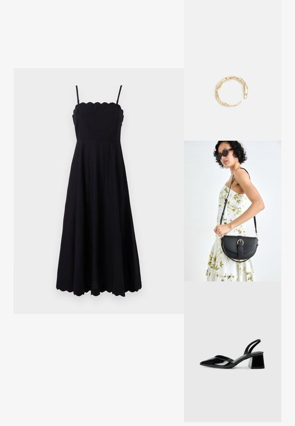 Schwarzes ärmelloses Kleid mit gewelltem Ausschnitt, tailliertem Oberteil und ausgestelltem Rock. Hergestellt aus leichtem Stoff mit glatter Textur.; Schwarze Lackleder-Slingback-High Heels mit spitzem Schuh und einem geometrischen Blockabsatz. Verfügt über ein schlankes, minimalistisches Design und eine glatte Textur.; Schwarze Lederhandtasche mit geschwungener Form, abnehmbarem Tragegurt und goldenen Beschlägen. Die Tasche verfügt über einen Deckel mit einer Schnallen-Details.; Goldfarbener Ring mit einem organischen, gedrehten Design, glatter Oberfläche und sich verjüngenden Enden, was ein modernes, skulpturales Erscheinungsbild erzeugt.