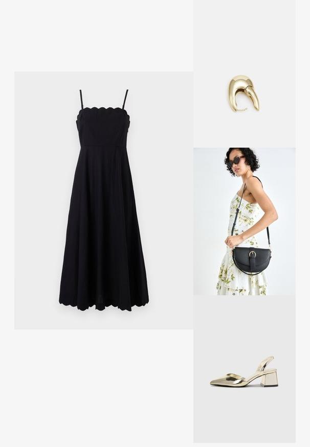 Black sleeveless dress with scalloped neckline, fitted bodice, and a flared skirt. Made of lightweight fabric, featuring a smooth texture.; Gold, metallic slingback heels with a pointed toe and chunky heel. Smooth texture, minimalistic design, and a narrow strap.; Black leather handbag with a curved shape, detachable strap, and gold hardware. The bag features a flap with a buckle detail.; Gold-tone metal earring with a sleek, curved design. Features a distinctive pointed shape, polished surface, and hinge closure.