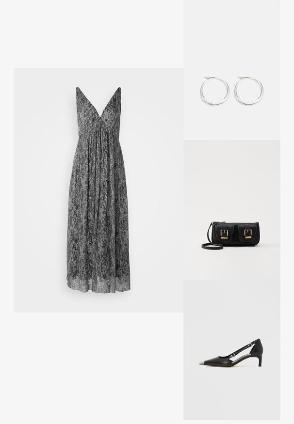 Musta-valkoinen kuvioitu mekko, jossa on V-pääntie, olkaimeton malli ja liehuva, kerroksittain laskostettu yläosa, joka ulottuu nilkkoihin.; Musta nahkainen matalakorkoinen kenkä, jossa on terävä hopeinen kärki ja kaksinkertaiset solkisilmukat valkoisella taustalla.; Musta nahkainen olkalaukku, jossa on kaksi etutaskua, kultaiset soljet, vetoketjukiinnitys ja kapea hihna. Teksturoidun pinnan ja kompaktin suorakaiteen muoto.; Hopeista valmistetut korvaketjut, joissa on sileä ja pyöreä muotoilu, ohut profiili ja varma lukko. Minimalistinen tyyli kiillotetulla pinnalla.