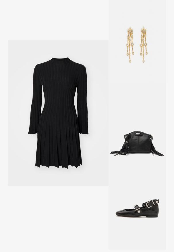 Maje RAFFIE - Strikket kjole - noir; Sorte lakkderflat sko med firkantet tå, ankelstropp med sølvfarge detaljer, og flat såle. Glatt tekstur med minimalistisk design.; Maje MISS MINI - Skulderveske - noir; Gullfargede øreringer med flere hengende kjeder, med klare ovale rhinestein aksenter og dekorative stud-topper.