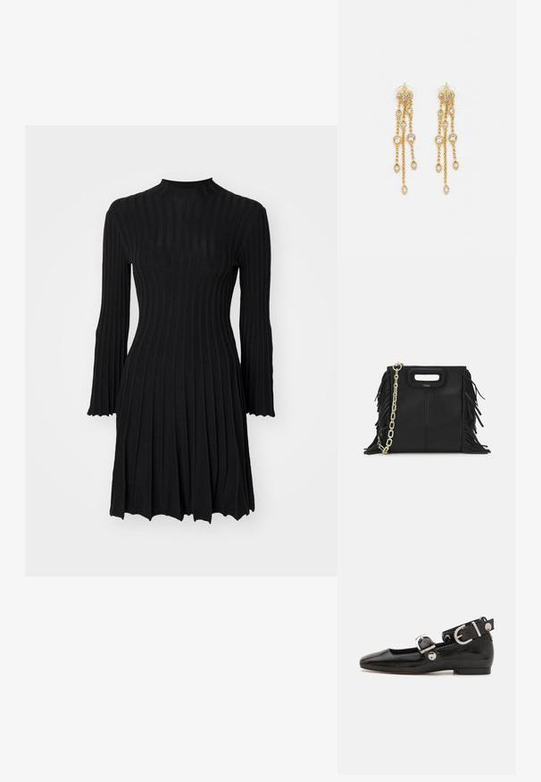 Maje RAFFIE - Rochie tricotată - noir; Pantofii plano din piele patent neagră, cu vârful pătrat, curea de gleznă cu accesorii din argint și talpă plată. Textură netedă cu un design minimalist.; Geantă de mână din piele neagră cu detalii din franjuri, curea de umăr din lanț auriu și un mâner cu tăietură. Prezintă plasarea logo-ului pe față.; Cercei aurii cu multiple lanțuri suspendate, având accente din rhinestone ovale clare și capete decorative cu tighel.