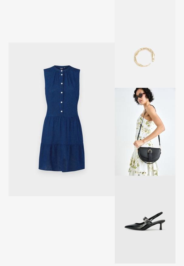 GAP TIERED - Paitamekko - dark indigo; Musta patenttinaahkakengät, joissa on osoittava kärki ja pieni lohko korko, varustettuna hopeisella soljella hihnassa.; Musta nahkainen käsilaukku, joka on kaareva muotoilultaan, irrotettavalla hihnalla ja kultaisilla yksityiskohdilla. Laukussa on läppä, jossa on solk yksityiskohta.; Kultaketju, jossa on orgaaninen, kierretty muotoilu, sileä pinta ja cappatut päät, luoden modernin, veistoksellisen ilmeen.
