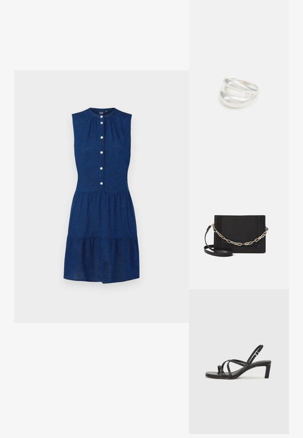 GAP TIERED - Särkkleit - dark indigo; Mustast rihmajalatsid ruudukujulise varba ja madala ploki kontsaga. Omab mitmeid õhukesi rihmasid ja reguleeritavat pahkluu rihma. Valmistatud siledast nahast.; Mustast nahast õlakott, mis omab siledat tekstuuri, ristküliku kuju ning esiküljel metallketi detaili. Reguleeritav rihm on kaasas.; Hõbedane kahekordne rõngas sujuva, poleeritud pinnaga. Omab voolavat, kõverat disaini, millel on kattuvad sektsioonid, et saavutada kaasaegne ilme.