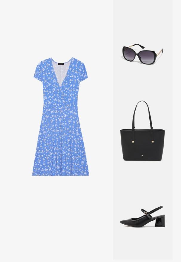 Plava cvjetna haljina s kratkim rukavima, koja ima V-izrez, meki materijal i lepršavu suknju ukrašenu bijelim cvjetnim uzorcima.; Crne lakirane slingback visoke potpetice s šiljastim vrhom, zaobljenim izrezom i blok potpeticom. Sadrži akcent zlatnog tona s kopčom.; Crne prevelike sunčane naočale s gradijentnim lećama, debelim okvirom i zlatnim lancem kao detaljem na krakovima.; Crna torba od sintetičkog materijala, s jednostavnim pravokutnim dizajnom, zlatnim kvadratnim detaljima i dvostrukim ručkama.