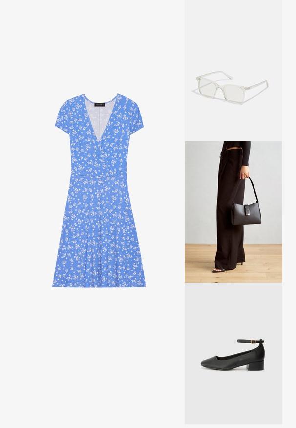Vestido envolvente azul com estampa floral, com mangas curtas, apresentando um decote em V, tecido macio e uma saia rodada decorada com padrões de flores brancas.; Sandal de pele preta com bico pontiagudo e um salto bloco baixo. Apresenta uma tira no tornozelo com uma fivela em tom dourado. Textura suave.; Óculos quadrados de plástico transparente com lentes translúcidas, apresentando detalhes em dourado nas hastes.; Bolsa preta com forma estruturada, textura suave e um fecho metálico. Combinada com calças largas pretas e sandálias de salto aberto sobre um chão de madeira.