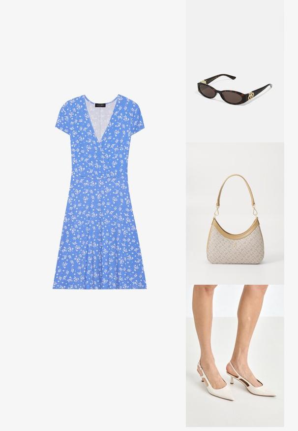 Blauwe bloemen wikkeljurk met korte mouwen, voorzien van een V-hals, zachte stof en een uitlopende rok versierd met witte bloem patronen.; Beige gepatineerde leren slingback hakken met een spitze neus en een hak van 5 cm, met uitsparingen aan de zijkanten en een dunne enkelband.; Schildpadbril met langwerpige ovale lenzen, bruine tint, gouden logo-accenten op de pootjes en slanke zwarte armen.; Beige handtas met een patroon en een gebogen vorm, leren accenten en een goudkleurig logo aan de voorkant. Beschikt over een kort handvat voor gemakkelijk dragen.; Parel- en kristallen ketting met een ronde, gehaakte ontwerp in lichte tinten, met afwisselend parels en sprankelende accenten, gedragen om de hals.