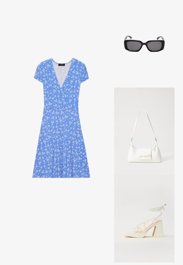 Modra cvetlična obleka z zavihanimi rokavi, ki ima V-izrez, mehko tkanino in razširjen krilo okrašeno z belimi cvetličnimi vzorci.; Bela sandala na visokih petah s debelim petam, ki ima obliko trakcev in vezanje okoli gležnja. Gladka tekstura z platformo spredaj za dodatno višino.; Črne pravokotne sončne očala z temnimi lečami, gladkim plastičnim okvirjem in ukrivljenimi nogicami. Oblika je robustna in minimalistična.; Bela sintetična torbica v obliki trikotnika, z ravnim sprednjim poklopcem in detajlom mašne, nastavljivim trakom, gladko teksturo in minimalističnim dizajnom.