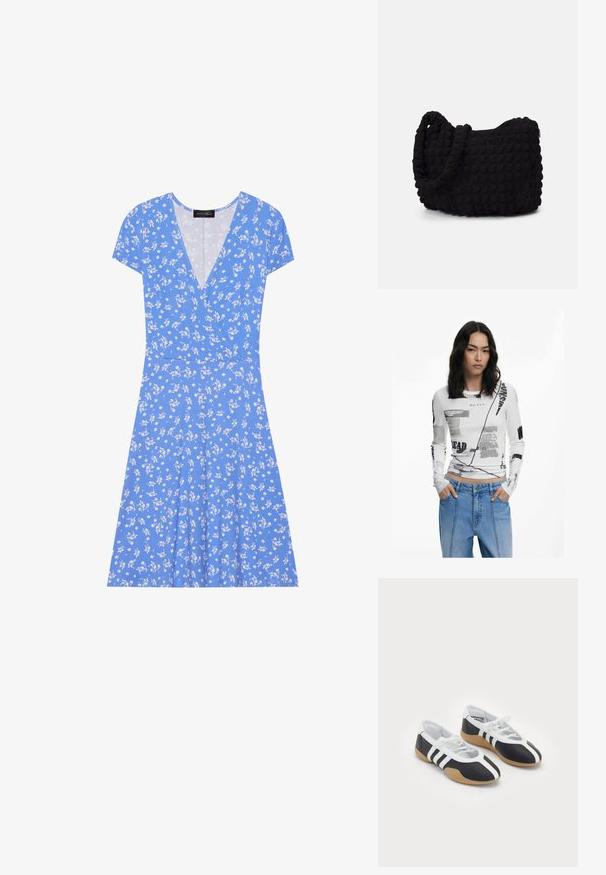 Kék virágmintás, rövid ujjú, átkötős ruha V-nyakkivágással, puha anyagból, szabályos szabású, fehér virágmintákkal díszített rakott szoknyával.; Fehér, hosszú ujjú felső fekete grafikai szöveggel és absztrakt mintákkal. Bordázott textúrájú, kerek nyakú és testhez simuló kialakítás. Farmernadrággal párosítva.; Fekete-fehér sportcipők, letisztult dizájnnal, gumitalppal, fűzős zárással és három fehér csíkkal az oldalán.; Fekete szövet táska texturált, steppelt mintával. Kerek formájú, rövid, vastag fogantyúkkal és puha, rugalmas szerkezettel.