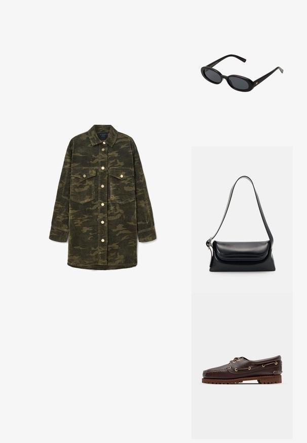 Camisa de ganga em camuflagem verde e castanha, com mangas longas, colarinho, fecho de botões e dois bolsos de aba no peito.; Sandal de barco em couro castanho com ilhós dourados, atacadores redondos e uma sola de borracha castanha texturizada. Apresenta detalhes costurados e um logótipo em relevo.; Óculos de sol pretos oversized com lentes ovais, armação de plástico suave e detalhes em dourado nas hastes. As lentes escuras oferecem proteção solar.; Bolsa de pele preta com uma forma estruturada, uma textura suave e uma única alça de ombro. Apresenta um design discreto e arredondado na aba.