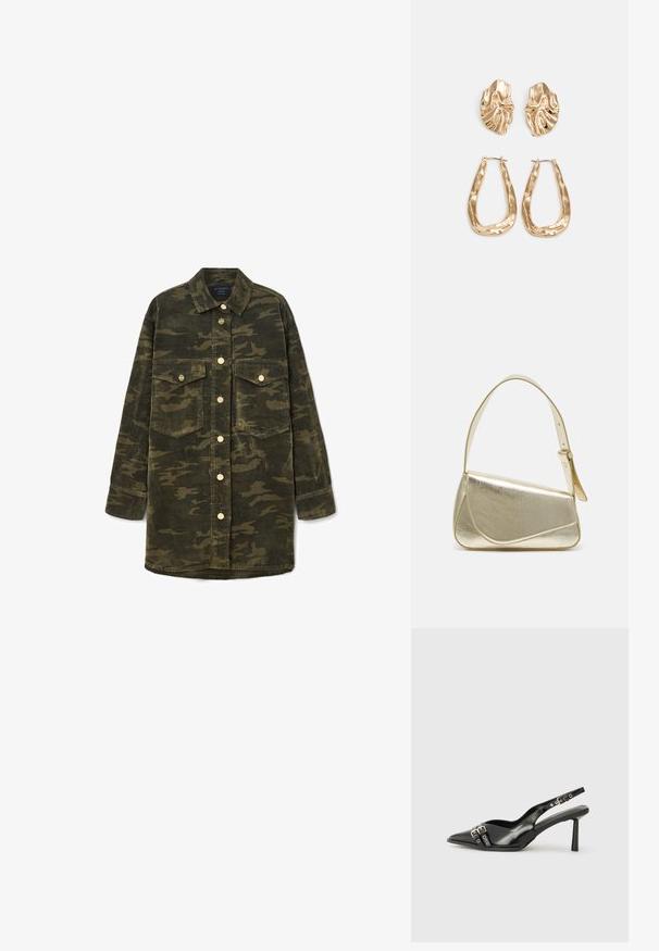 Πράσινο και καφέ καμουφλάζ μπουφάν πουκάμισο με μακριά μανίκια, με γιακά, κουμπιά μπροστά και δύο τσέπες με καπάκι στο στήθος.; Μαύρο παπούτσι slingback από πατέντο δέρμα με μυτερή μύτη, λουράκια στον αστράγαλο που διαθέτουν ασημένιες αγκράφες και μεταλλικά στοιχεία, και λεπτό τακούνι.; Χρυσή μεταλλική τσάντα χειρός με δομημένο σχέδιο, λεία υφή και ρυθμιζόμενο λουρί. Διαθέτει μοναδικό τριγωνικό σχήμα και μινιμαλιστική ραφή.; Χρυσά σκουλαρίκια με υφή, κυματιστά σχήματα. Περιλαμβάνουν γλυπτικά κλιπ-σε σκουλαρίκια και σχέδιο ανοιχτού σκουλαρικιού με σφυρήλατη επιφάνεια.