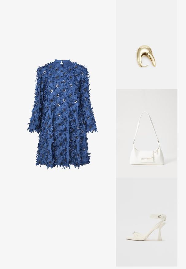 Modra dolga obleka z dolgimi rokavi, okrašena z teksturnimi cvetličnimi aplikacijami in štrasnimi središči, z mandarin ovratnikom in sprednjim gumbnim zapenjanjem.; Sandal z visoko peto z naramnicami v beli usnjeni izvedbi s popolnim dizajnom, prozorno blok peto in dekorativnim elementom na prstih.; Bela sintetična torbica v obliki trikotnika, z ravnim sprednjim poklopcem in detajlom mašne, nastavljivim trakom, gladko teksturo in minimalističnim dizajnom.; Uhane nakit iz zlatastega tona z gladko, ukrivljeno zasnovo. Ima edinstveno koničasto obliko, polirano površino in zaponko s tečajem.