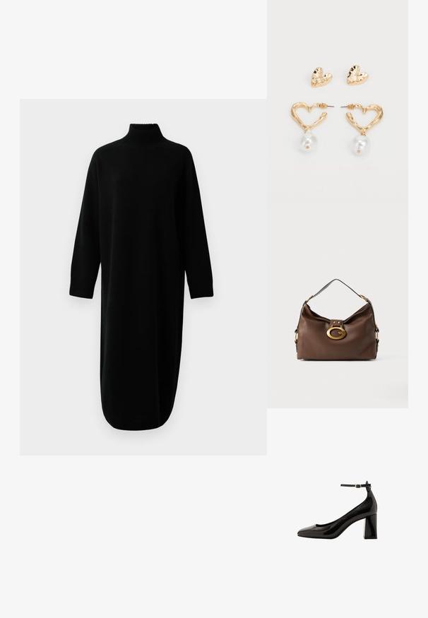 Črna dolga majica s turtleneck iz pletenine, midi dolžine, z rebrastimi manšetami in robom, prikazana na enobarvni beli podlagi.; Črne lakaste čevlje z ankel trakom, sijajne površine, s koničastim nosom in debelim blok peto. Gladka tekstura, minimalni detajli.; Rjavo usnjeno ročna torbica z teksturirano površino, ki ima zlato toniran zaklep in en sam, ukrivljen naramnico.; Zlato obarvane uhane v obliki srca z teksturirano površino, ki vsebujejo viseči akcent bisera. Zajema tudi uhančke v obliki srca.