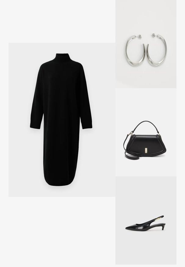 Zwarte lange mouwen coltrui gebreide midi jurk met geribbelde manchetten en zoom, gepresenteerd tegen een effen witte achtergrond.; Zwarte leren slingback hakken met een spitse neus, voorzien van een slanke hak en een goudkleurige accent op de verstelbare band. Gladde textuur.; Zwarte leren handtas met een gestructureerd ontwerp, featuring een verkorte vorm, bovenhandvat en gouden hardwareaccent. Inclusief verstelbare schouderband.; Zilveren oorringen met een gladde, gebogen vorm. Voorzien van een glanzende metallic afwerking en studsluiting. Geen zichtbare patronen of accenten.