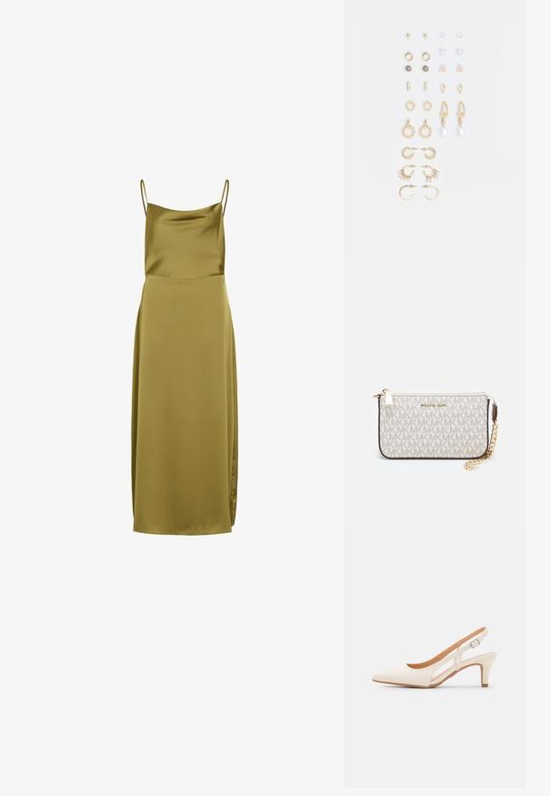 Olivengrønn satinklær med tynne spaghetti-stropper, en glatt tekstur og en lang silhuett med en sideslitt for ekstra detaljer.; Hvit slingback-hel med spiss tå, glatt overmateriale, lav blokkhelt, og cut-out-design på siden med justerbar spenne.; Michael Kors håndleddsveske i beige belagt kanvas med et gjentakende MK-logo mønster, gullfarget maskinvare og en avtakbar kjede-rem.; Sett med gullfargede øredobber med ulike design, inkludert stikkere, hoops og hengende deler med perler og rhinestones.