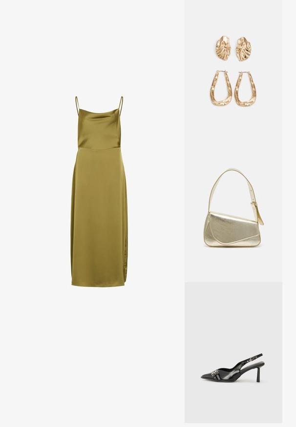 Olivengrønn satinklær med tynne spaghetti-stropper, en glatt tekstur og en lang silhuett med en sideslitt for ekstra detaljer.; Sorte patentlær slingback-sko med spiss tå, ankelremmer med sølvspenner og detaljer, og en slank hæl.; Gullfarget metallisk håndveske med en strukturert design, glatt tekstur og justerbar stropp. Har en unik trekantet form og minimalistisk søm.; Gullfargede øredobber med teksturerte, bølgete former. Inkluderer skulpturelle klipsstuds og åpen hoop-design med en hamret finish.