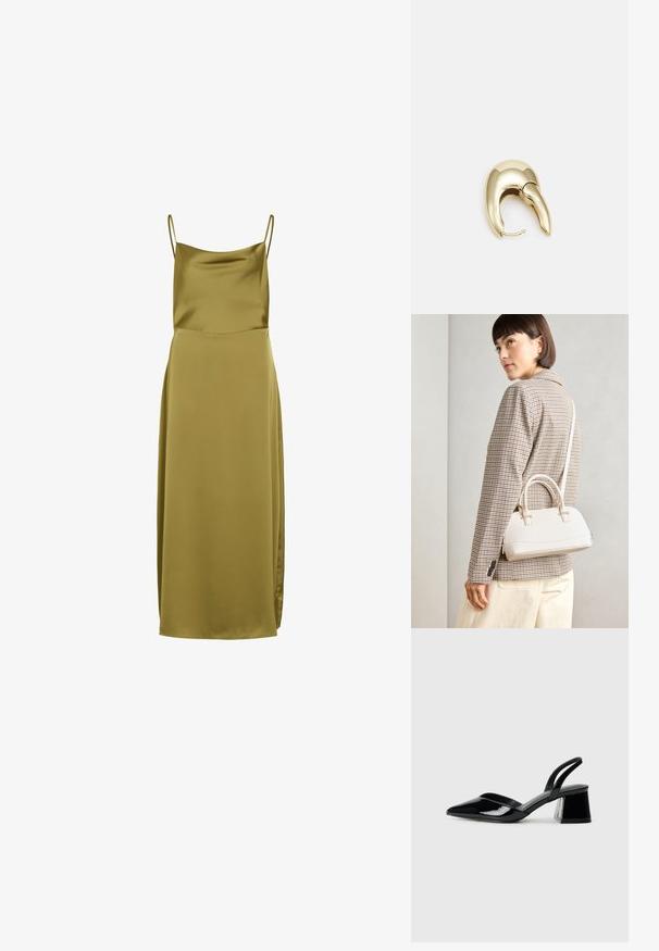 Olivenfarbene Satinbekleidung mit dünnen Spaghetti-Trägern, einer glatten Textur und einer langen Silhouette, die mit einem seitlichen Schlitz für zusätzlichen Detailreichtum versehen ist.; Schwarze Lackleder-Slingback-High Heels mit spitzem Schuh und einem geometrischen Blockabsatz. Verfügt über ein schlankes, minimalistisches Design und eine glatte Textur.; Weiße strukturierte Handtasche mit kurzen Griffen und einem Schultergurt, ausgestattet mit goldfarbenen Hardware-Elementen und strukturiertem Material, vor einem grauen Hintergrund präsentiert.; Ohrringe aus goldfarbenem Metall mit einem schlanken, geschwungenen Design. Sie verfügen über eine markante, spitze Form, eine polierte Oberfläche und einen Scharnierverschluss.
