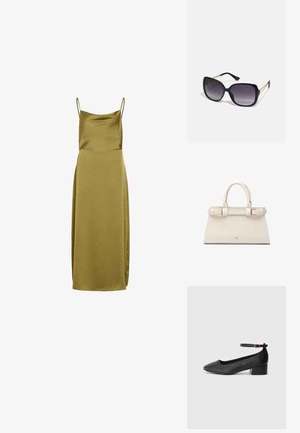 Olivazöld selyemruha vékony pántokkal, sima textúrával és hosszú szilhuettel, oldalsó hasítékkal, amely további részletességet ad.; Fekete bőr magassarkú cipő hegyes orral és alacsony tömb sarkal. Bokapánttal rendelkezik, aranyszínű csattal. Simább textúra.; Fekete, oversize napszemüveg fokozatos árnyalatú lencsékkel, vastag kerettel és arany színű lánc díszítéssel a szárakon.; Krémszínű műbőrből készült struktúrált táska, arany színű hardware-rel. Kétszeres felső fogantyúi és csatt díszítése van az elején.