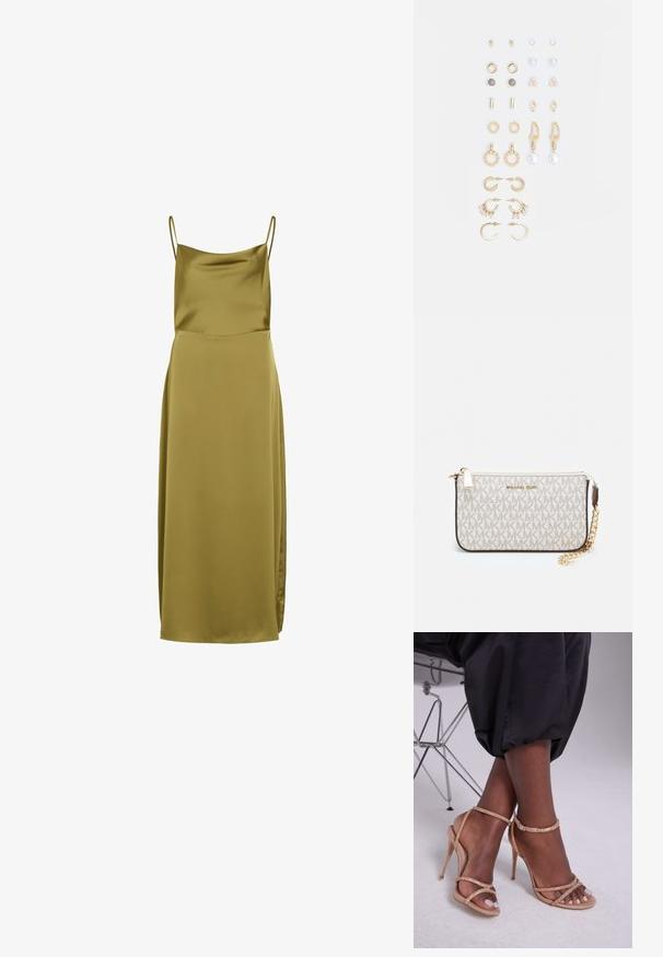 Olivengrønn satinklær med tynne spaghetti-stropper, en glatt tekstur og en lang silhuett med en sideslitt for ekstra detaljer.; Beige hæl sandaler med krystalmotiver, med åben tå, tynde remme og en slank silhuet.; Michael Kors håndleddsveske i beige belagt kanvas med et gjentakende MK-logo mønster, gullfarget maskinvare og en avtakbar kjede-rem.; Sett med gullfargede øredobber med ulike design, inkludert stikkere, hoops og hengende deler med perler og rhinestones.