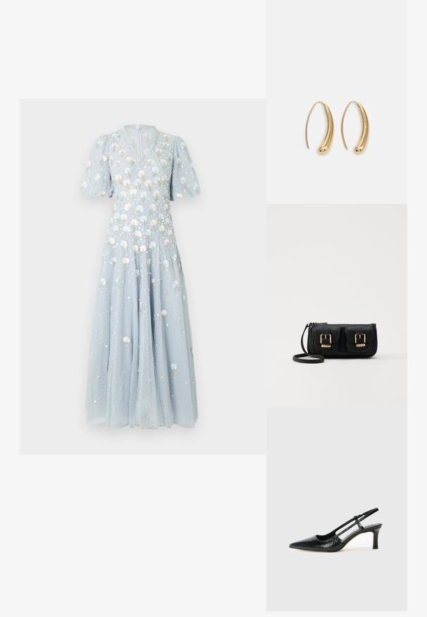 Light blue maxi dress made of tulle, featuring floral embroidery in pastel colors, puff sleeves, and a V-neckline with a zipper back.; Black patent slingback heel with a pointed toe, featuring textured snake print, adjustable strap, and a short, textured block heel.; Black leather crossbody bag with two front pockets, gold buckles, zipper closure, and a slim strap. Textured surface and compact rectangular shape.; Gold-tone metal hoop earrings with a curved, elongated shape. Features a smooth, shiny surface and a rounded tip for added detail.