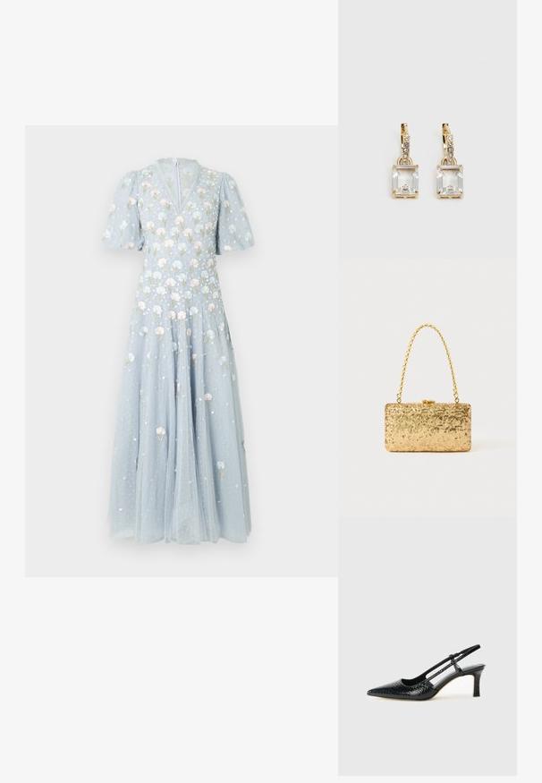 Svetlo modra maxi obleka iz tila z vezenjem cvetličnih motivov v pastelnih barvah, napihnjenimi rokavi in V-izrezom ter z zadrgo na hrbtu.; Črne lakaste slingback pete s koničastim nosom, ki imajo teksturiran vzorec kačje kože, nastavljiv trak in kratek teksturiran blok peto.; Zlata torbica s pomičnim šalom v pravokotni obliki, z zasukano verižico in kovinskim zapiranjem, ki odseva svetlobo z teksturirano površino.; Zlato obarvani uhani, ki vsebujejo pravokoten, prozoren kristal, obešen pod vrsto majhnih, okroglih prozornih dodatkov. Elegantna, moderna zasnova.