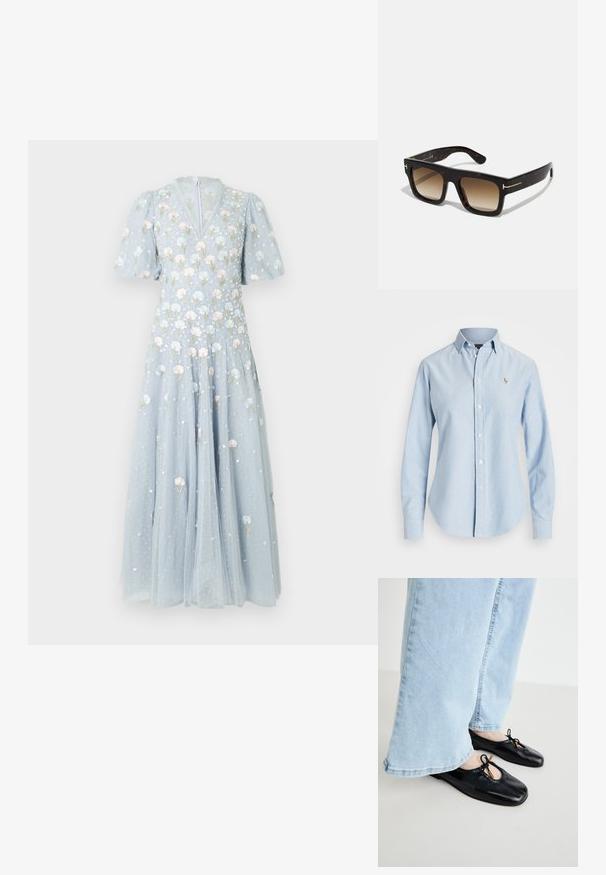 Abito lungo azzurro chiaro in tulle, con ricami floreali in colori pastello, maniche a sbuffo e scollatura a V con zip sulla schiena.; Camicia azzurro chiaro con bottoni, realizzata in cotone, con maniche lunghe, colletto a punta e un piccolo logo ricamato sul lato sinistro del petto.; Ballerine in pelle nera con punta arrotondata, dotate di ritaglio e dettaglio a fiocco, indossate con jeans a gamba larga blu chiaro.; Occhiali da sole tartarugati con montatura quadrata, lenti marroni sfumate e sottili dettagli in oro sugli steli.