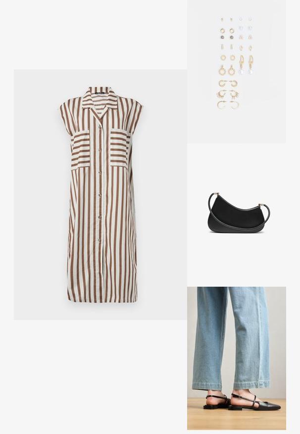 Valkoinen napitusmekko, jossa on pystysuorat ruskeat raidat. Varustettu kauluksella, lyhyillä hihoilla ja kahdella etutaskulla. Ohut ja valuva kangas.; Mustat nahkaiset slingback-kengät, joissa on terävä kärki, litteä korko ja nilkkahihna; yhdistetty vaaleansinisiin leveälahkeisiin farkkuihin.; Mustassa nahkaolkalaukussa on kaareva muotoilu, jossa on teksturoitu olkahihna ja kultasävyinen metalliosuus yläosassa. Pintamateriaali on sileä.; Kultasetti kultaisenvärisiä korvakoruja, jotka sisältävät erilaisia muotoiluita, kuten nappikorviksia, rengaskorviksia ja roikkuvia korviksia, joissa on helmiä ja strasseja.