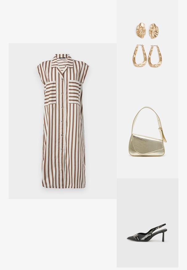 Valge nööbid üles särgkleit, millel on vertikaalsed pruunid triibud. Omab kraed, lühikesi varrukaid ja kahte esi-taskut. Voolav kangas.; Must musta nahk kingad sanga ja terava ninaga, ankle strapidega, millel on hõbedased pandlad ja riistvara ning õhuke konts.; Kuldmetallist käekott, millel on struktureeritud disain, sile tekstuur ja reguleeritav rihm. Omab ainulaadset kolmnurkset kuju ja minimalistlikku õmblust.; Kuldse värvi kõrvarõngad, mis on kaunistatud tekstuursete ja laineliste kujunditega. Komplektis on skulpturaalsed klamber kõrvarõngad ja avatud rõngasdisain, millel on lõhestatud viimistlus.