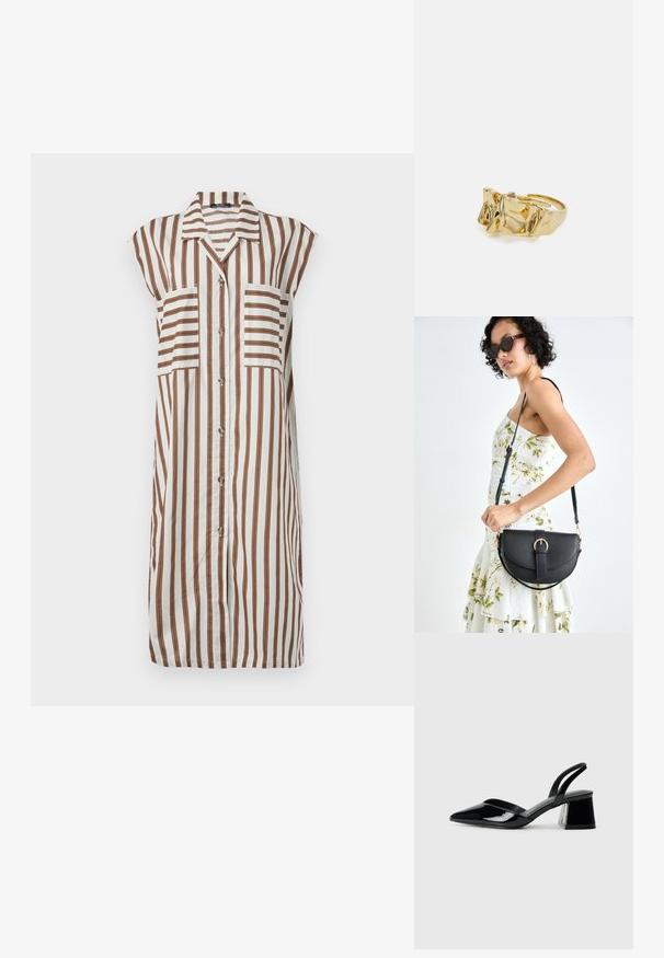 Bela srajčna obleka s pokončnimi rjavimi črtami. Ima ovratnik, kratke rokave in dva sprednja žepa. Pretanjen material.; Črne lakirane slingback pete s koničastim nosom in geometrijsko blokasto peto. Imajo eleganten, minimalističen dizajn in gladko teksturo.; Črna usnjena torbica s ukrivljeno obliko, z odstranljivo naramnico in zlatimi dodatki. Torbica ima pokrov s podrobnostmi v obliki zaponke.; Zlati prstan z teksturiranim, valovitim dizajnom, ki ima tri izrazite vrhove. Gladka, sijoča površina z odprtim pasom za prilagodljivo prileganje.