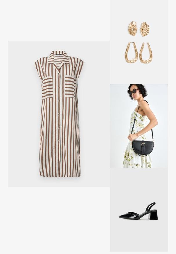 Biela košeľová šaty s vertikálnymi hnedými pruhmi. Obsahuje golier, krátke rukávy a dve predné vrecká. Príjemný a vzdušný materiál.; Čierne lakované kožené sandálové podpätky s špicatou špičkou a geometrickým blokovým podpätkom. Disponujú elegantným, minimalistickým dizajnom a hladkým povrchom.; Čierna kožená kabelka s zaobleným tvarom, odnímateľným popruhom a zlatými doplnkami. Kabelka má klopu s detailom s prackou.; Náušnice v zlatej farbe s textúrovanými, vlnitými tvarmi. Obsahujú sochárske klipsové náušnice a otvorený tvar krúžku s kladivkovým povrchom.