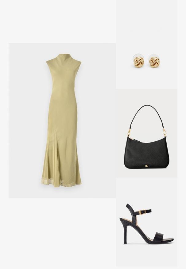 Długa, dopasowana sukienka z jasnofioletowego materiału, z wysokim kołnierzem, zaokrągloną sylwetką i rozcięciem z boku w pobliżu dołu dla dodatkowego akcentu.; Czarne sandały na wysokim obcasie z gładkiej skóry, odkryty palec i pojedynczy pasek z ozdobnym złotym zapięciem.; Czarna skórzana torebka o uporządkowanej formie, z zamknięciem na zamek, odczepianym paskiem i złotymi akcentami.; Złote kolczyki w kształcie węzła z twisted design. Każdy kolczyk posiada okrągłe, przezroczyste oparcie zapewniające pewność noszenia.