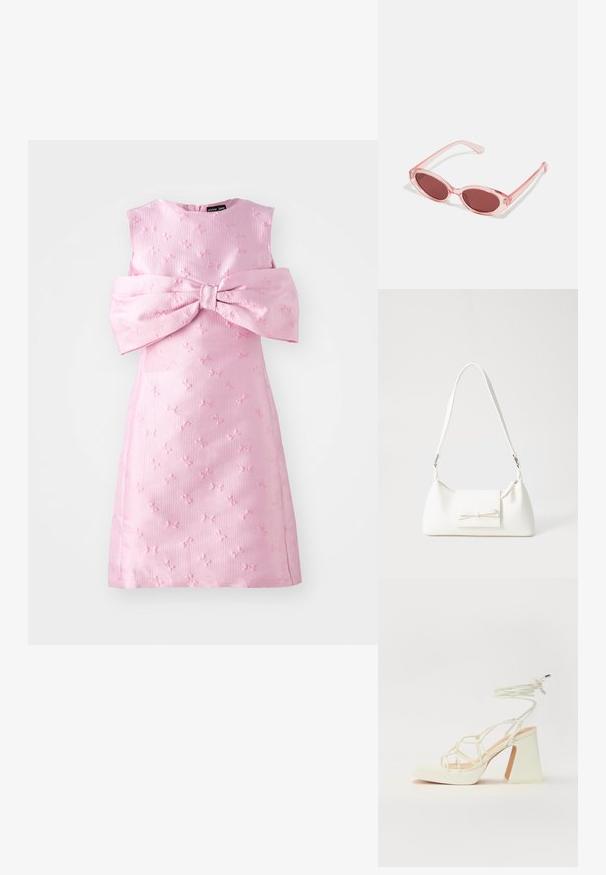 Vestido rosa sem mangas com um tecido texturizado, apresentando um grande laço na frente e um padrão floral em relevo por todo o vestido.; Sandálias brancas de salto alto com um salto robusto, apresentando um design com tiras e amarração no tornozelo. Textura suave com uma plataforma na frente para altura adicional.; Óculos de sol transparentes rosa com lentes ovais, tonalidade vermelha escura e hastes delicadas, apresentando um acabamento suave e detalhes subtis na armação.; Mala sintética branca com formato triangular, aba frontal plana e detalhe de laço, alça ajustável, textura suave e design minimalista.