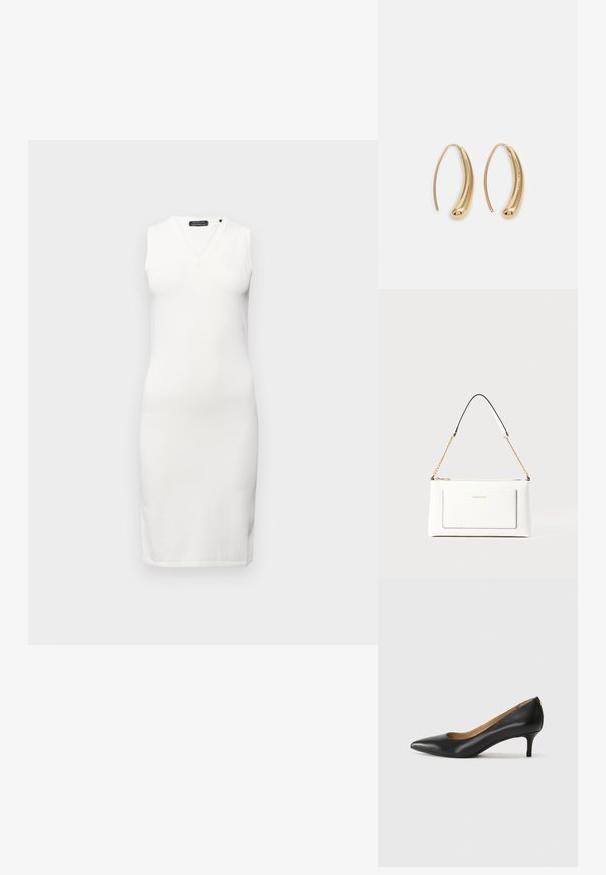 Armani Exchange VESTITO - Jerseykjole - off white; Sorte lærpumpe med spiss tå, lav hæl og en glatt tekstur. Har en liten åpning foran og minimalt med beslag bak.; Hvit lærveske med teksturert overflate, utstyrt med gullkjede for å bære over skulderen og svarte detaljer. Inkluderer en frontlomme og glidelås.; Gullfargede metalløredobber med en buet, forlenget form. Har en jevn, blank overflate og en avrundet tupp for ekstra detaljer.