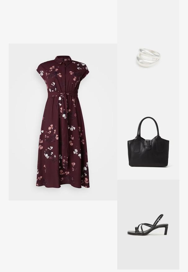 Vero Moda Curve VMNEWHALLIE LONG DRESS - Maxi šaty - winetasting; Čierne sandále na vysokom podpätku so štvorcovou špičkou a nízkym blokovým podpätkom. Obsahujú viacero tenkých popruhov a nastaviteľný členkový popruh. Vyrobené z hladkej kože.; Čierna kožená taška s hladkou textúrou, štruktúrovaným tvarom, dvoma uchami a výrazným strieborným prackovým detailom na prednej strane.; Strieborný prsteň s dvojitým pásikom s hladkým, lesklým povrchom. Má plynulý, zakrivený dizajn s prekryvajúcimi sa časťami pre moderný vzhľad.