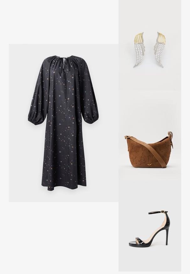 Pikk must kleit kokku tõmmatud kaelusega, ballonvarrukatega ning oranžide ja siniste toonidega tähekujundusega. Valmistatud kerge kangaga.; Mustmust mustkatega mustkets sõrmustega mustast lakitööst sukad, avatud varvastega ja peene stiletto kontsaga, lihtsal taustal.; Pruun sametist õlavarre kott, millel on reljeefne lillemuster, mida täiendab sile pruun nahast rihm ja kuldse tooni lisandid.; Kaks tiivakujulist kõrvaehte, mis on valmistatud hõbedatooni metallist, millel on selged ümarad kristallid ja kuldtooni metallikattega kihiline disain.